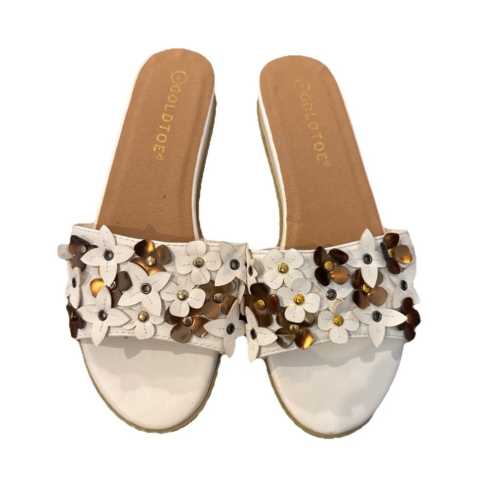 Goldtoe Slide Sandals Floral Metallic White Gold Size 8 Boho Resort New